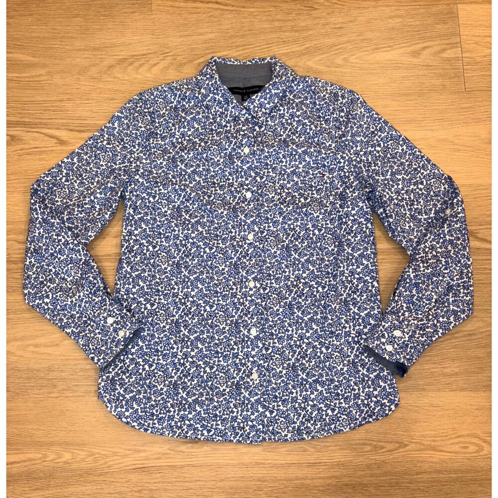 Tommy Hilfiger blue & white mini floral button up womens size small